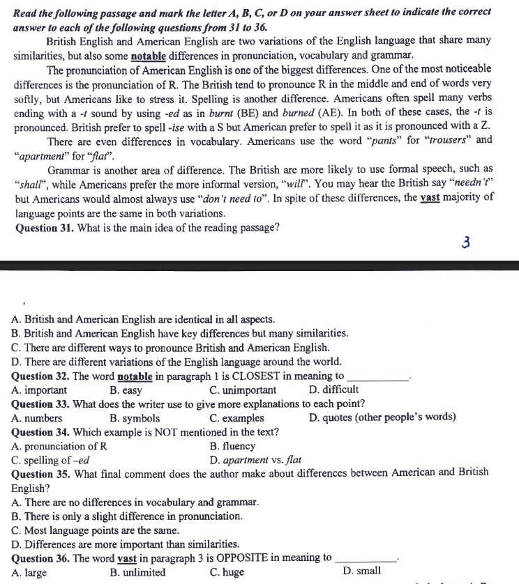 câu 31-36 đề minh họa tiếng anh vào 10